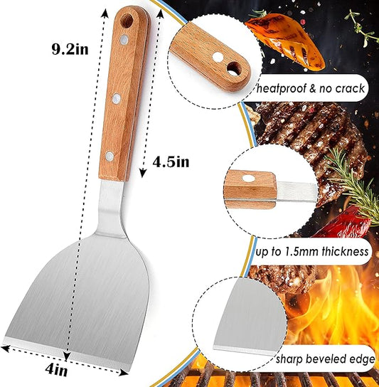 Metal Spatulas, HaSteeL Stainless Steel Griddle Spatula Turners with Wooden Handles, Professional Griddle Tools for Flat Top Teppanyaki Skillet Cast Iron Cooking Indoor & Outdoor - 2 Packs