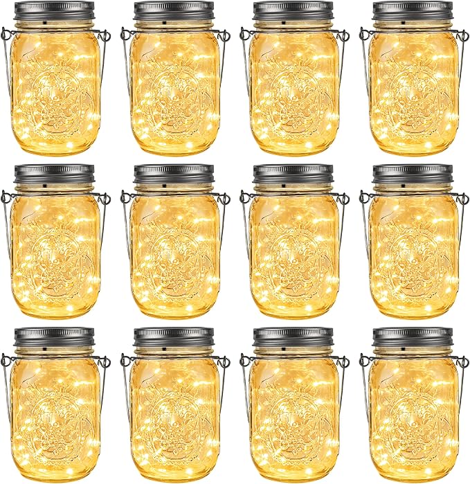 GIGALUMI Solar Mason Jar Lights, 12 Pack 30 Led String Fairy Lights Garden Lights Outdoor Waterproof Metal Lid Hanging Solar Lanterns for Outdoor, Garden, Patio, Lawn, Balcony Decoration