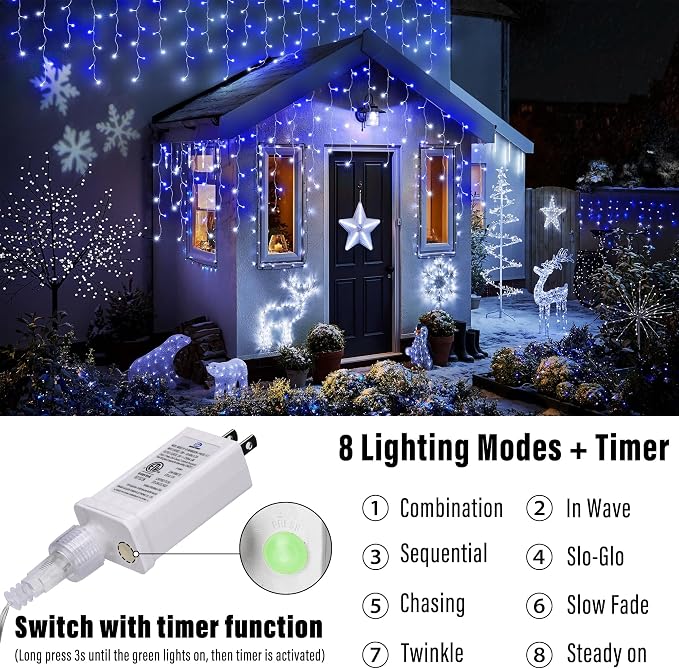 Joomer 19FT Christmas Icicle Lights Outdoor Connectable White & Blue | 30 Drops 8 Modes Timer Waterproof Plug-in String Light for Christmas Party, holiday Eaves Roof yard Xmas Decorations