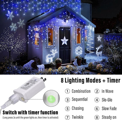 Joomer 19FT Christmas Icicle Lights Outdoor Connectable White & Blue | 30 Drops 8 Modes Timer Waterproof Plug-in String Light for Christmas Party, holiday Eaves Roof yard Xmas Decorations