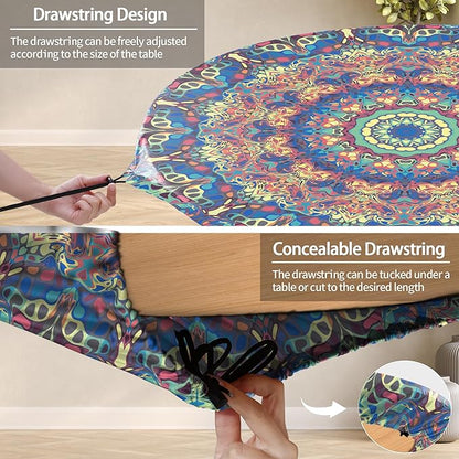 opstellen Waterproof Fitted Round Tablecloth Boho Table Cloth Summer Fall Outdoor Circle Cover for 48 Inch 45-54" Table Dining Kitchen Apartment Essentials Picnic Camping Party Decor Housewarming Gift