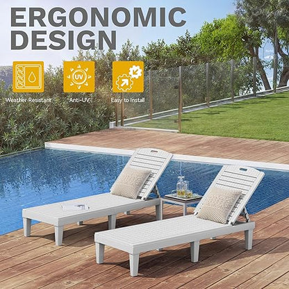 DWVO Outdoor Plastic Chaise Lounger, Poolside Lounge Chair w/5-Position Adjustable Backrest, Waterproof & Easy Setup for Patio, Poolside, Garden (Grayish-White, 2 PCS)