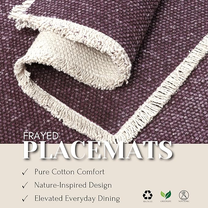 Hausattire Cotton Frayed Placemats Set of 6 Dining Table 14x14 Inch | Rustic Vintage Boho Washable Easter Placemat for Outdoor Parties BBQ's Spring, Holiday, Special Occasions, Nubby Cotton - Plum