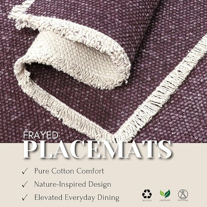 Hausattire Cotton Frayed Placemats Set of 4 Dining Table 13x19 Inch | Rustic Vintage Boho Washable Easter Placemat for Outdoor Parties BBQ's Wedding,Special Occasions, Nubby Cotton - Plum