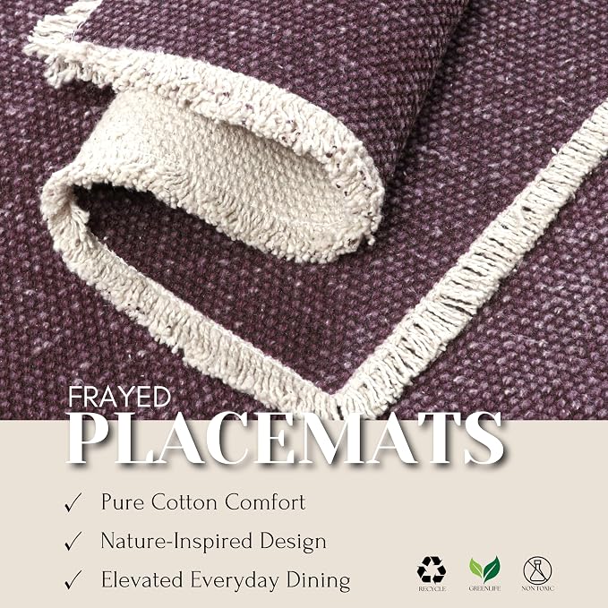 Hausattire Cotton Frayed Placemats Set of 4 Dining Table 14x14 Inch | Rustic Vintage Boho Washable Easter Placemat for Outdoor Parties BBQ's Wedding, Holiday, Special Occasions, Nubby Cotton - Plum