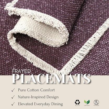 Hausattire Cotton Frayed Placemats Set of 4 Dining Table 14x14 Inch | Rustic Vintage Boho Washable Easter Placemat for Outdoor Parties BBQ's Wedding, Holiday, Special Occasions, Nubby Cotton - Plum