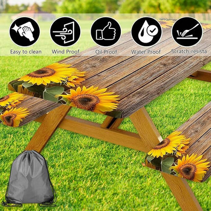 Sunflower Picnic Table Cover with Bench Covers, Waterproof Windproof, Camping Essentials, Fitted Tablecloth Cover with Elastic Edge, for Indoor & Outdoor, Garden, Camping, 3 Pieces Set, 30x60 Inch