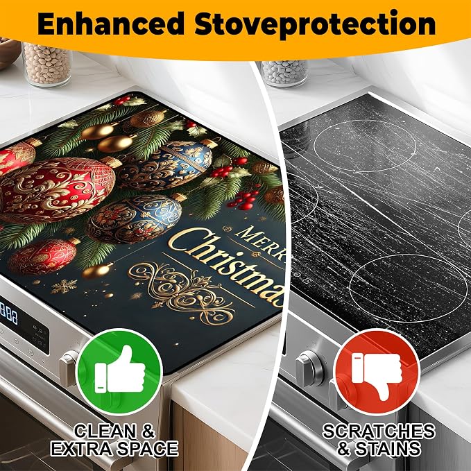Christmas Stove Top Cover Snowman Stove Top Cover for Home Decoration Kitchen Pad Non-Stick Washable Cooktop Covers Countertop Protector Keep Stove Clean 28"x20" (Ball)