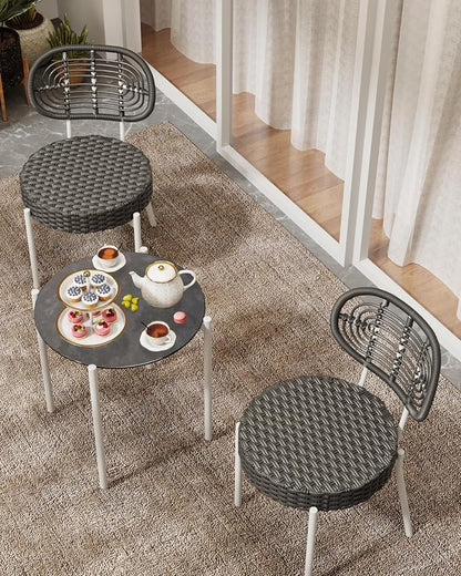 GarveeLife 3 Piece Wicker Patio Bistro Furniture Set, Outdoor Dining Chairs, Includes 2 Rattan Chairs and Tempered Glass Table, for Garden, Backyard, Balcony, Apartment, White & Grey