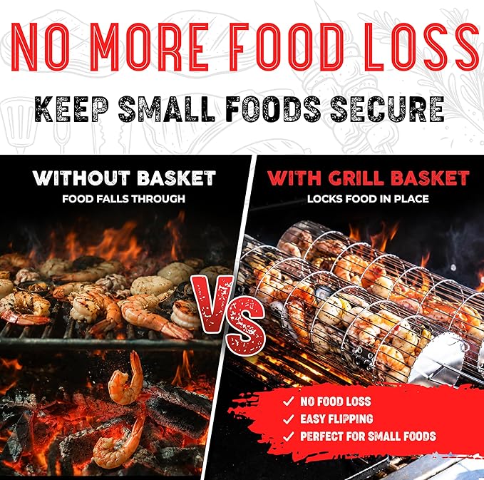 SHIZZO Rolling Grill Basket, Removable Wooden Handle, Extra Sturdy Cylinder Grilling Basket, Food Grade Stainless Steel, Portable Outdoor Camping accessories BBQ Net Rack, Cooking Griller for Fish, Vegetables, and More - Gifts for Men Dad Husband - Set...