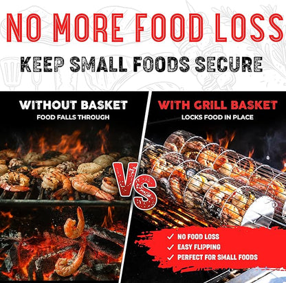 SHIZZO Rolling Grill Basket, Removable Wooden Handle, Extra Sturdy Cylinder Grilling Basket, Food Grade Stainless Steel, Portable Outdoor Camping accessories BBQ Net Rack, Cooking Griller for Fish, Vegetables, and More - Gifts for Men Dad Husband - Set...