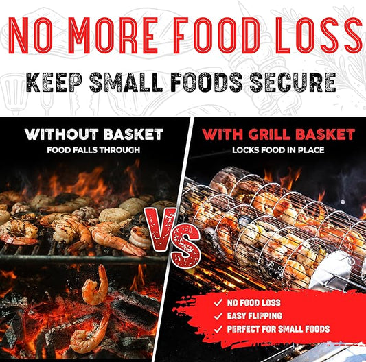 SHIZZO Rolling Grill Basket, Removable Wooden Handle, Extra Sturdy Cylinder Grilling Basket, Food Grade Stainless Steel, Portable Outdoor Camping accessories BBQ Net Rack, Cooking Griller for Fish, Vegetables, and More - Gifts for Men Dad Husband - Set...