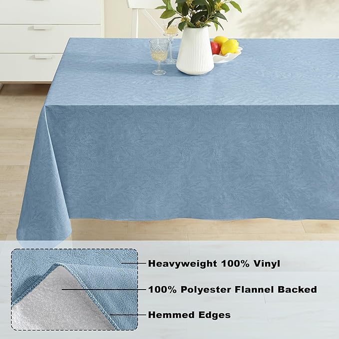 Newbridge Napa Leaf Blue Vinyl Flannel Backed Tablecloth, 52 x 52 Inch Square, Hotel Quality Waterproof Indoor Outdoor Table Cover for Kitchen, Patio, Dining, BBQ