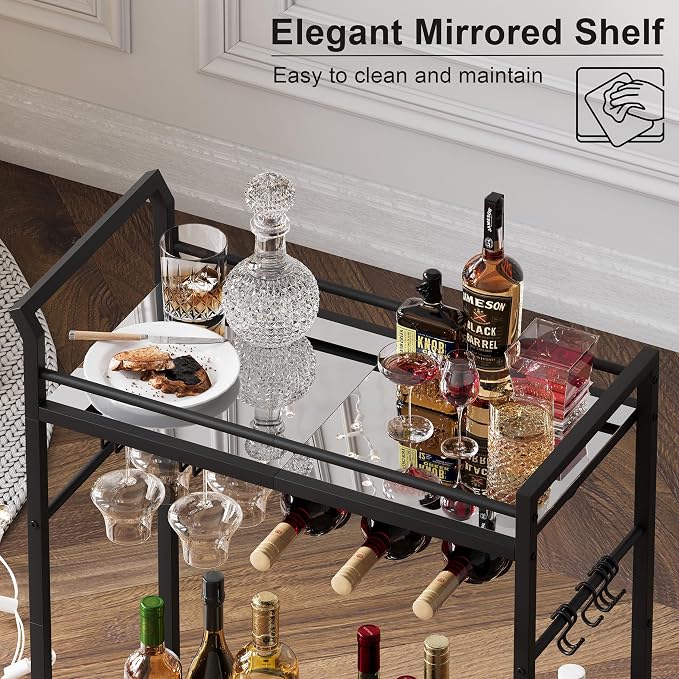 3 Tier Bar Cart, Small Beverage Cart, Mini Bar Cart with Wine Rack, Home Bar Serving Cart with Wheels for Kitchen Dining Living Room (Black, Mirrored) GBC106BU