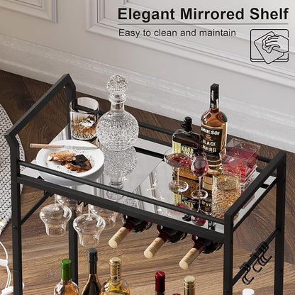 3 Tier Bar Cart, Small Beverage Cart, Mini Bar Cart with Wine Rack, Home Bar Serving Cart with Wheels for Kitchen Dining Living Room (Black, Mirrored) GBC106BU