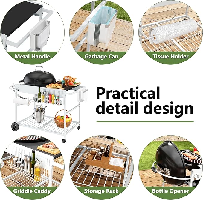 Shintenchi Grill Table for Weber 22" & 18" Original Kettle, Outdor Grill Cart with Wheels, Movable Outdoor Prep Table Cooking Station for JumboJoe Master-Touch Charcoal Grill