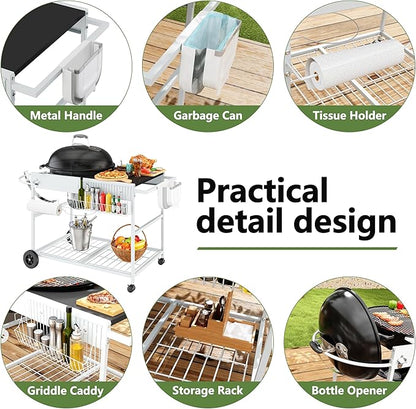 Shintenchi Grill Table for Weber 22" & 18" Original Kettle, Outdor Grill Cart with Wheels, Movable Outdoor Prep Table Cooking Station for JumboJoe Master-Touch Charcoal Grill