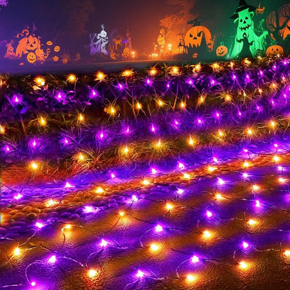Pooqla Orange and Purple Halloween Net Lights Outdoor, 15x 5ft Green Wire | 300 LED Large Net Mesh Lights Plug in, 8 Modes Waterproof Connectable Bushes Lights for Halloween Hedge Yard Decor