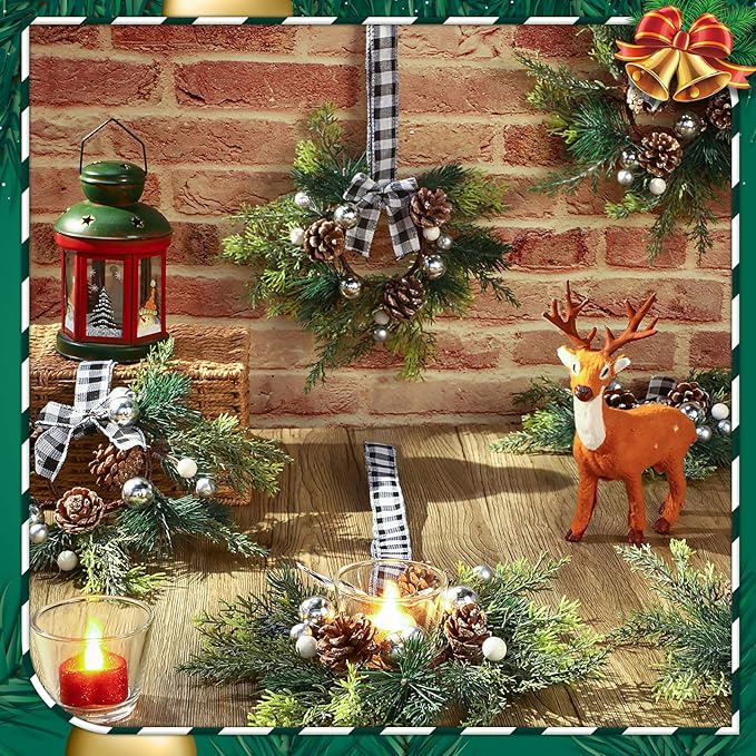Zeyune 8 Pcs Christmas Kitchen Cabinet Wreaths with Plaid Bow 14.96 x 7.87 Inch Hanging Christmas Cabinet Doors Wreaths Decorative for Kitchen Window Outdoor Indoor Xmas Holiday Decor