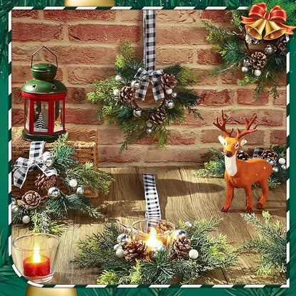 Zeyune 6 Pcs Christmas Kitchen Cabinet Wreaths with Plaid Bow 14.96 x 7.87 Inch Hanging Christmas Cabinet Doors Wreaths Decorative for Kitchen Window Outdoor Indoor Xmas Holiday Decor