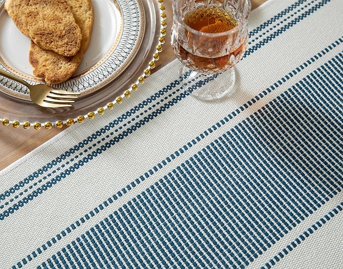 Caflife Boho Table Runner Blue and White for Modern Farmhouse Decor, Natural Cotton Woven Runner with Tassels for Home Dining Table décor 13 x 108 Inch Long
