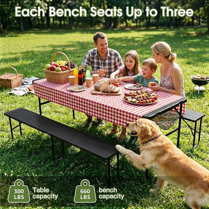 Camping table folding table and chairs foldable picnic table Portable Black | Folding Table and Bench Set: 6-ft portable picnic table with two attached benches. Ideal for camping,BBQ and outdoor events