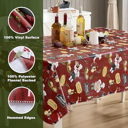 Newbridge 60 x 84 Inch Rectangle Vinyl Tablecloth with Flannel Backing, Italian Red Bistro Chef, Novelty Chef Indoor Outdoor Waterproof Table Cover for Picnic, Barbecue, Patio and Kitchen Dining