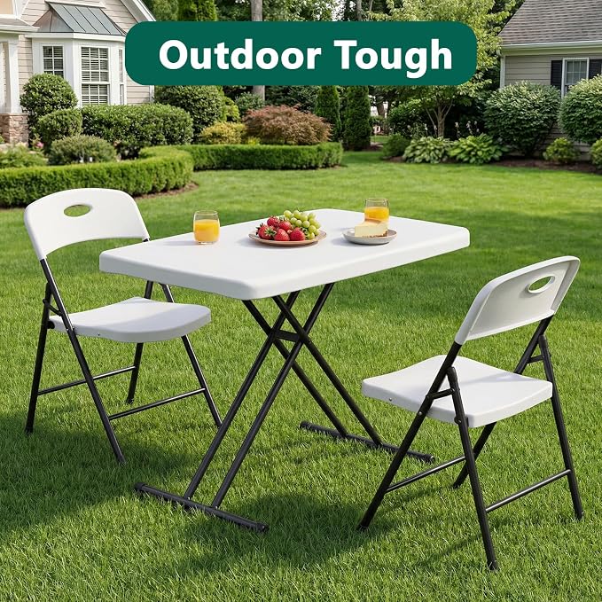 30in Folding Table, Portable Picnic Table with Adjustable Height, Foldable TV Tray Table & Laptop Desk for Small Spaces, Patio, Camping, BBQ, No Assembly Needed, White