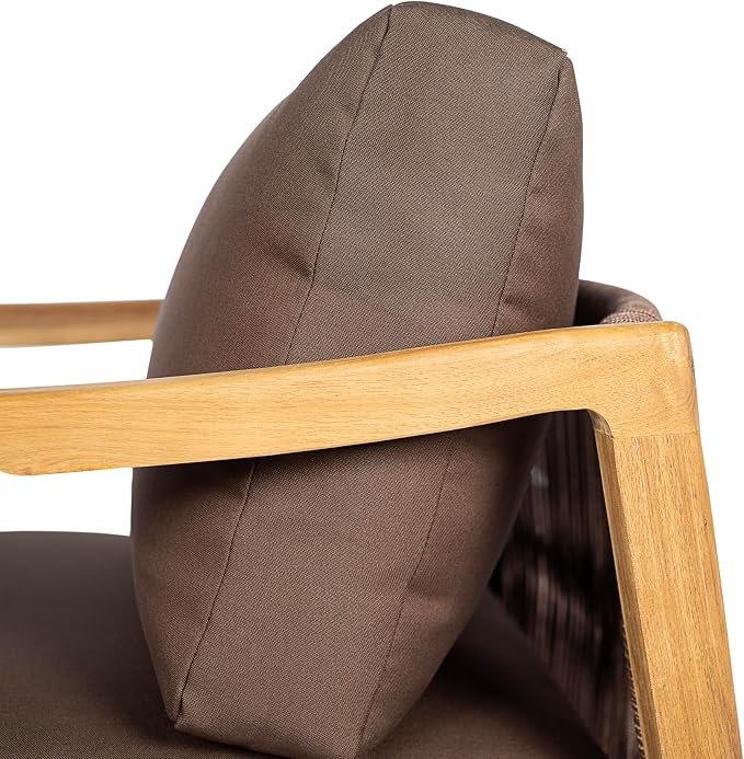 Christopher Knight Home Seward Acacia Wood Lounge Chair Outdoor with Removable Cushion, Solid Wood Patio Accent Chair with Rope Backrest, Patio Outdoor Armchair, Teak+Bown