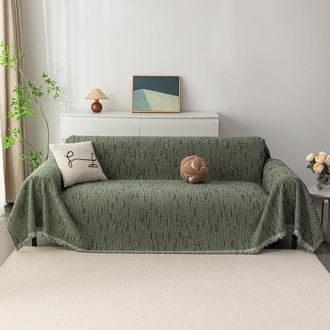 MYSKY HOME Loveseat Cover Moss Green Couch Cover Sectional Couch Covers for 2 Cushion Couch Sofa Thick Universal Chenille Sofa Cover with Tassel Durable Furniture Protector for Dogs 91" x 118"