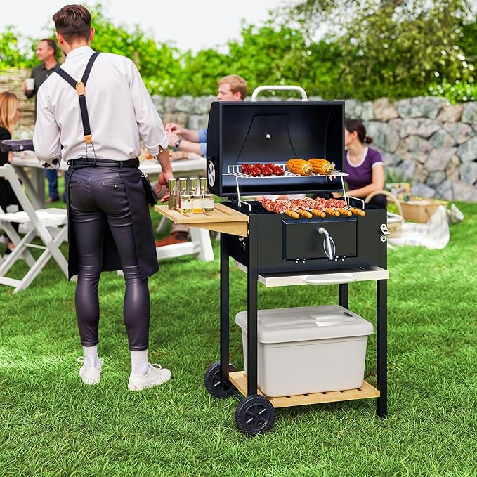 Charcoal BBQ Grill, Portable Barbecue Grill for Camping or Backyard Picnic with Side Table, Bottom Storage Shelf, Wheels and Handle, Black