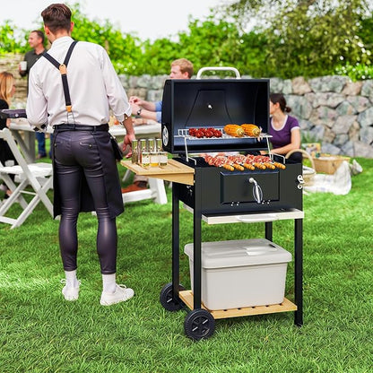 Charcoal BBQ Grill, Portable Barbecue Grill for Camping or Backyard Picnic with Side Table, Bottom Storage Shelf, Wheels and Handle, Black