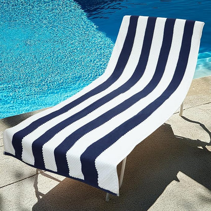 COTTON CRAFT Beach Lounge Chair Cover – 2 Pack Euro Spa Waffle Terry Towel Cabana Stripe Pool Chair Cover - 100% Cotton - 450 GSM Absorbent Quick Dry - Oversized 32 W x 82 L x 7 inch Pocket - Navy