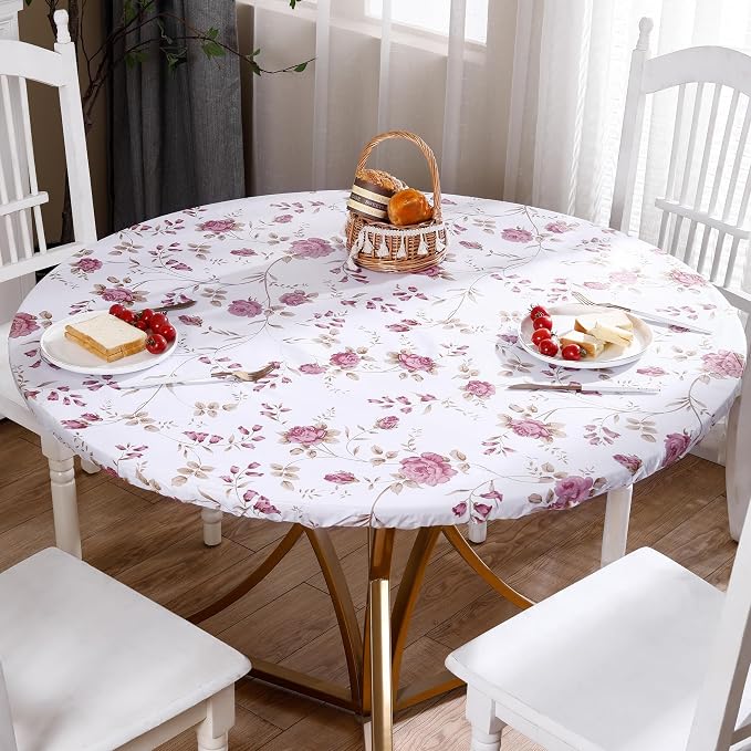 Walrus Round Vinyl Fitted Tablecloth with Flannel Backing Elastic Edge Design Table Cover Waterproof Oil-Proof PVC Table Cloth Stain-Resistant Best for 37"-44" Round