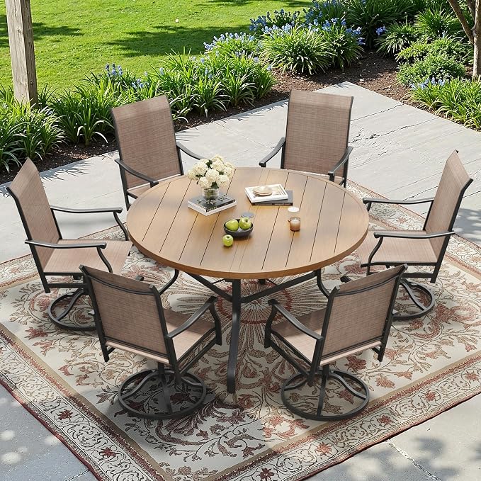 Round Outdoor Patio Dining Table, 47" Round Patio Table Wood-Like Grain with 1.57" Umbrella Hole, Metal Outdoor Dining Tables for Backyard and Poolside