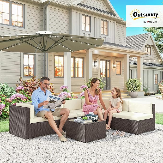 Outsunny 7 Piece Patio Furniture Set, Wicker Outdoor Sectional Sofa Set, All Weather PE Rattan Outdoor Furniture Conversation Sets with Cushions, Glass Top Coffee Table, Cream White