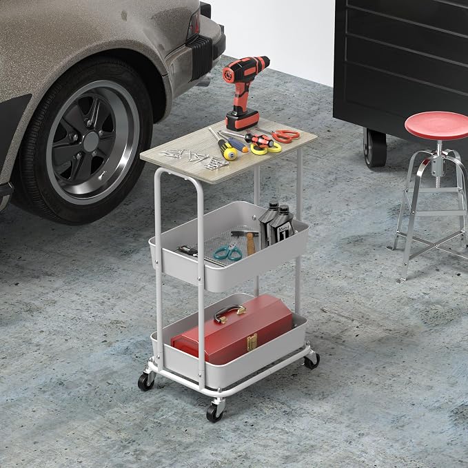 Simple Houseware 2-Tier Rolling Utility Cart Wood Top/Lockable Wheel, Maple | Metal Storage Organizer Trolley for Kitchen, Bathroom, Office, Craft Room
