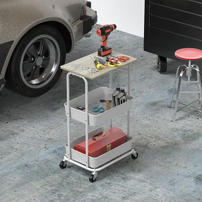 Simple Houseware 2-Tier Rolling Utility Cart Wood Top/Lockable Wheel, Maple | Metal Storage Organizer Trolley for Kitchen, Bathroom, Office, Craft Room