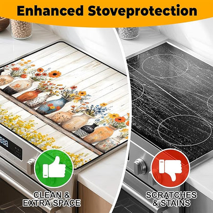 Stove Top Cover Retro Flower Gas Stove Top Cover for Home Decoration Kitchen Pad Non-Stick Washable Cooktop Covers Countertop Protector Keep Stove Clean 28"x20" (Vase)