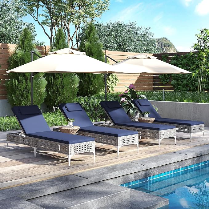 Tangkula Patio Chaise Lounge Chair, PE Wicker Reclining Sun Lounger with 6-Level Adjustable Backrest, Removable Cushion & Headrest, Outdoor Lounge Chair for Poolside, Deck, Backyard (1, Navy)