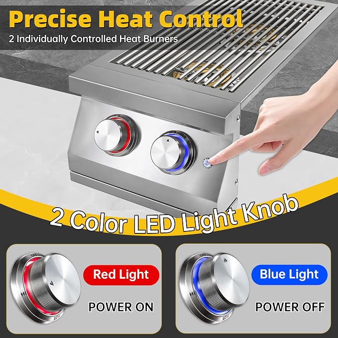 Double Side Burners-LP Side Burner with Cast Brass Burner | Heavy-Duty 304 Stainless Steel, Built-in Side Burners with LED Outdoor Kitchen BBQ Island
