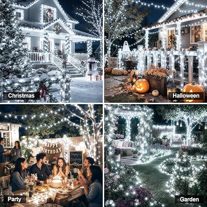Solar String Lights Outdoor 2 Pack Total 66FT 200LED Solar Fairy Lights Waterproof 8 Modes Twinkle Solar Lights for Patio, Garden Yard Party Wedding Tree Christmas Halloween Decoration, White