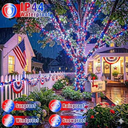 Red White and Blue String Lights, 66FT 200 LED 4th of July Lights Outdoor with 8 Modes, Waterproof Independence Decorations Lights for Indoor Memorial Day House Party Holiday