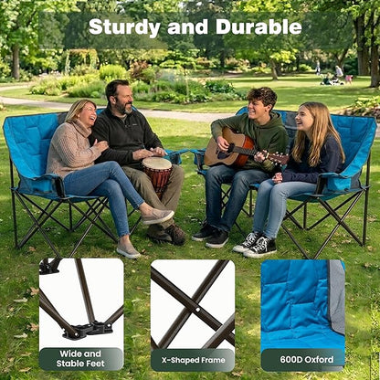 SUNNYFEEL Folding Double Camping Chair Oversized Loveseat for Adults | 600LBS Heavy Duty Padded Camping Couch with Cup Holder, Storage Pockets & Carry Bag for Patio RV/ Lawn/ Backyard