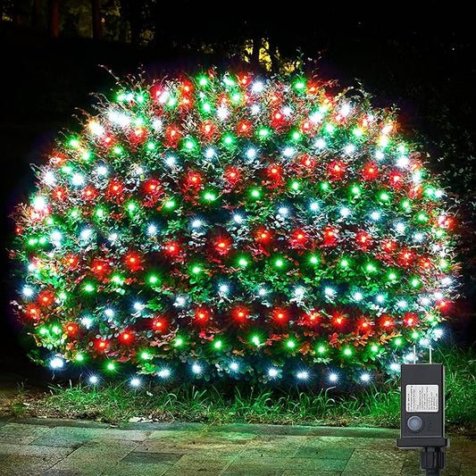 WBao Christmas Lights Outdoor 200LED 8.4ft x 5.2ft Christmas Net Lights with 8 Modes, Timer, End to End Connectable, Waterproof for Lawn, Bushes, Trees Outdoor Xmas Decorations, Red Green White