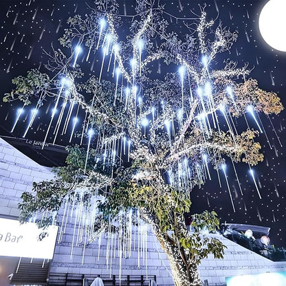 Aukora Christmas Lights Outdoor Meteor Shower Falling Rain Lights 12 inch 8 Tubes 192LED Snowfall Cascading Icicle String Light for Xmas Tree Decor Wedding Party Holiday Window Garden, UL Plug, White