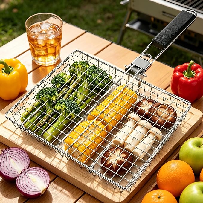 Fish Grill Basket, Folding Stainless Steel Fish Grilling Rack for Grill, Outdoor Camping BBQ Grilling Basket for Fish, Shrimp, Vegetables, Steak & Meat, with Portable Removable Handle, and Carry Bag, Gifts for Men,Dad, Husband