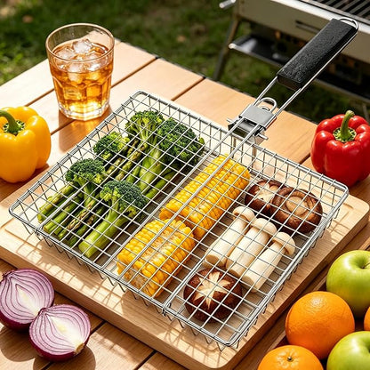 Fish Grill Basket, Folding Stainless Steel Fish Grilling Rack for Grill, Outdoor Camping BBQ Grilling Basket for Fish, Shrimp, Vegetables, Steak & Meat, with Portable Removable Handle, and Carry Bag, Gifts for Men,Dad, Husband