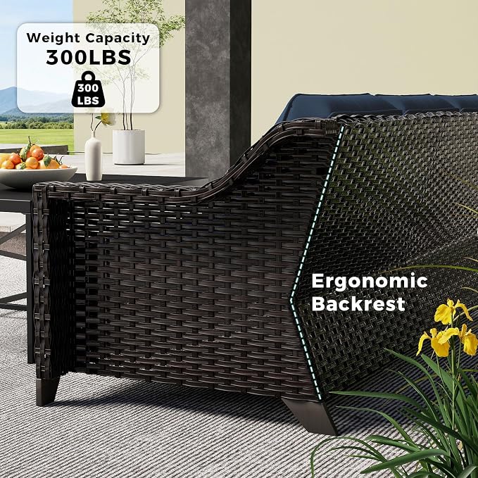 6 Piece Patio Furniture Set, Wicker Outdoor Conversation Set | Patio Chair Set with Olefin Removable Cushion, All-Weather Outdoor Couch with Deep Seat for Porch, Deck and Backyard, Blue