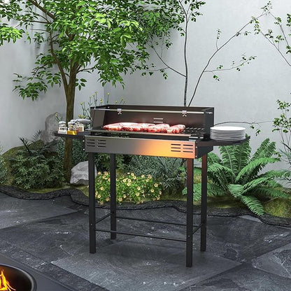 Charcoal BBQ Rotisserie Grill, 2-in-1 Split Roaster for Chicken & Turkey with 3-Level Adjustable Grate, Folding Side Shelves, Stainless Steel